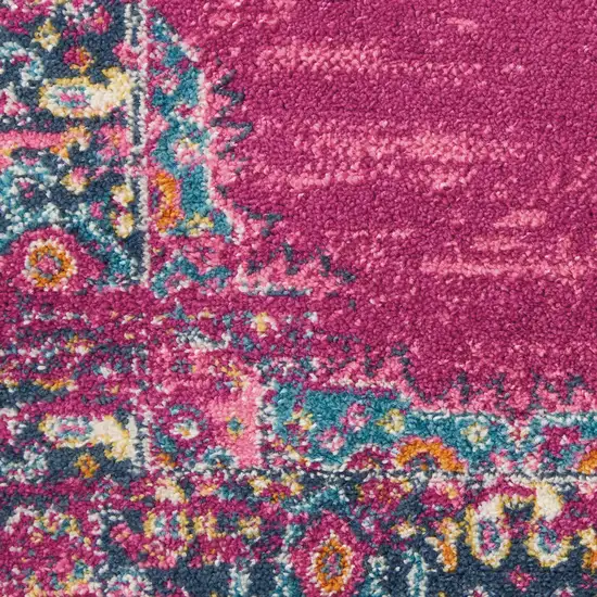 5' Fuchsia And Blue Oriental Distressed Round Rug Photo 8