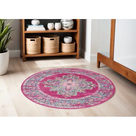 5' Fuchsia And Blue Oriental Distressed Round Rug Photo 2