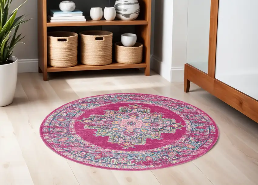 5' Fuchsia And Blue Oriental Distressed Round Rug Photo 2