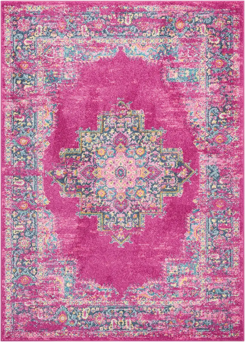 Fuchsia And Blue Oriental Distressed Area Rug Photo 4