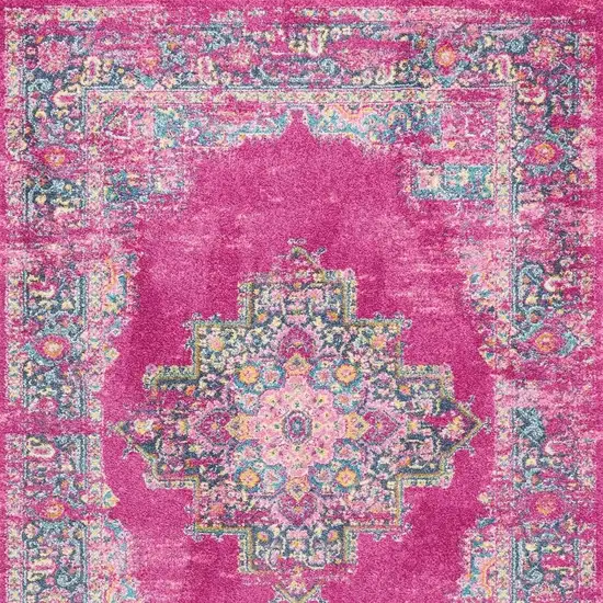 Fuchsia And Blue Oriental Distressed Area Rug Photo 3