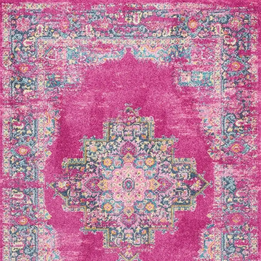 Fuchsia And Blue Oriental Distressed Area Rug Photo 3