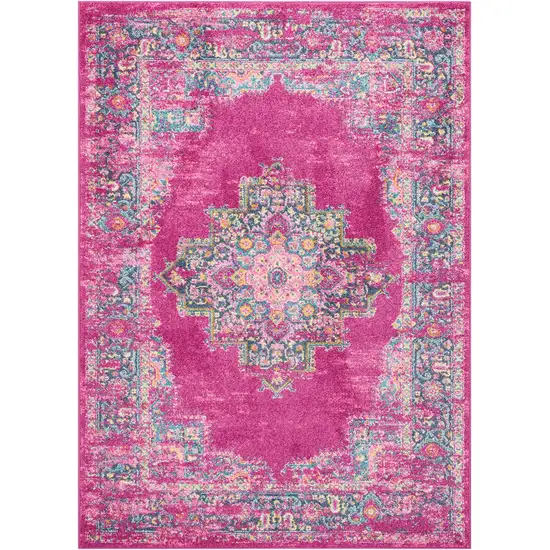 Fuchsia And Blue Oriental Distressed Area Rug Photo 9