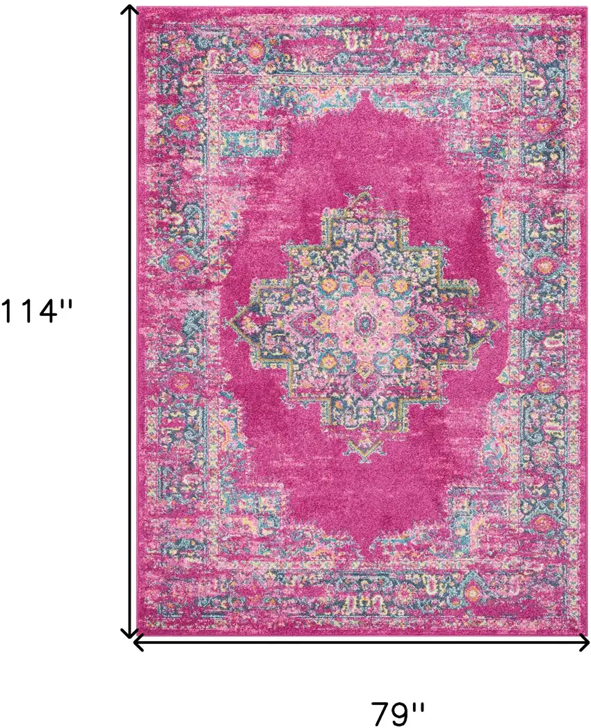 Fuchsia And Blue Oriental Distressed Area Rug Photo 9
