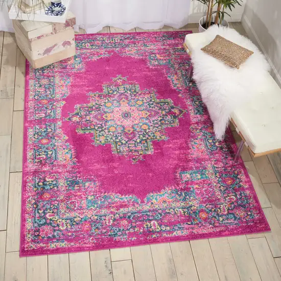 Fuchsia And Blue Oriental Distressed Area Rug Photo 4