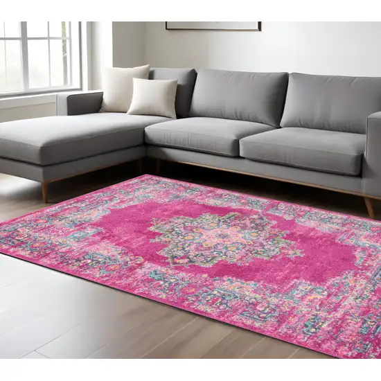 Fuchsia And Blue Oriental Distressed Area Rug Photo 2