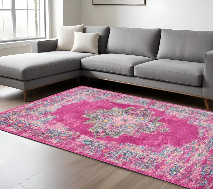Fuchsia And Blue Oriental Distressed Area Rug Photo 2