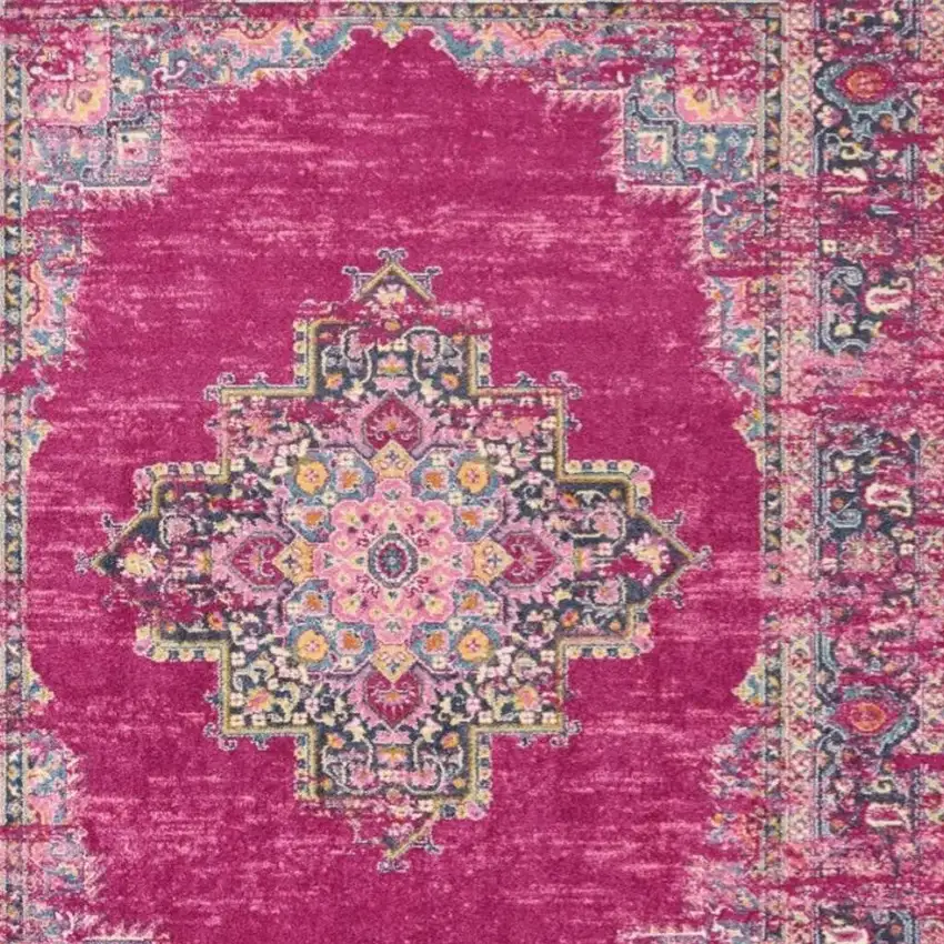 Fuchsia And Blue Oriental Distressed Area Rug Photo 8