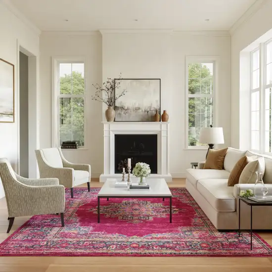 Fuchsia And Blue Oriental Distressed Area Rug Photo 4