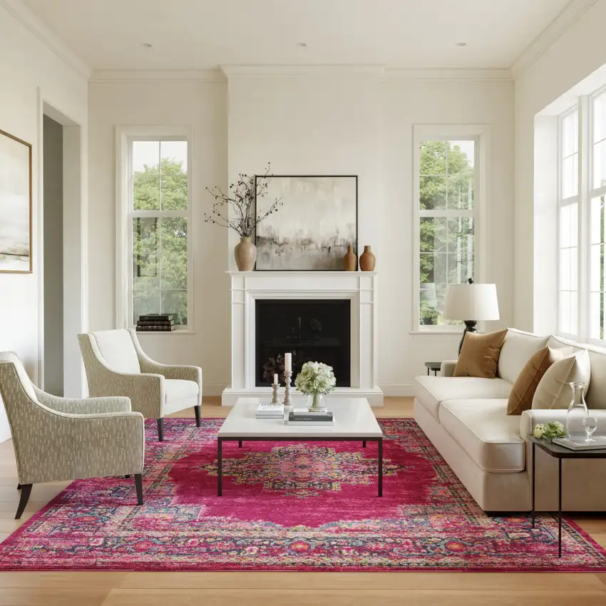 Fuchsia And Blue Oriental Distressed Area Rug Photo 4