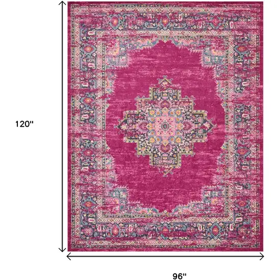 Fuchsia And Blue Oriental Distressed Area Rug Photo 9