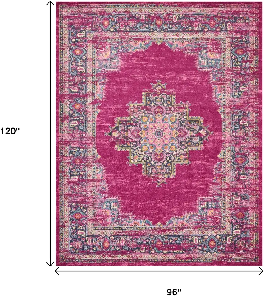 Fuchsia And Blue Oriental Distressed Area Rug Photo 9