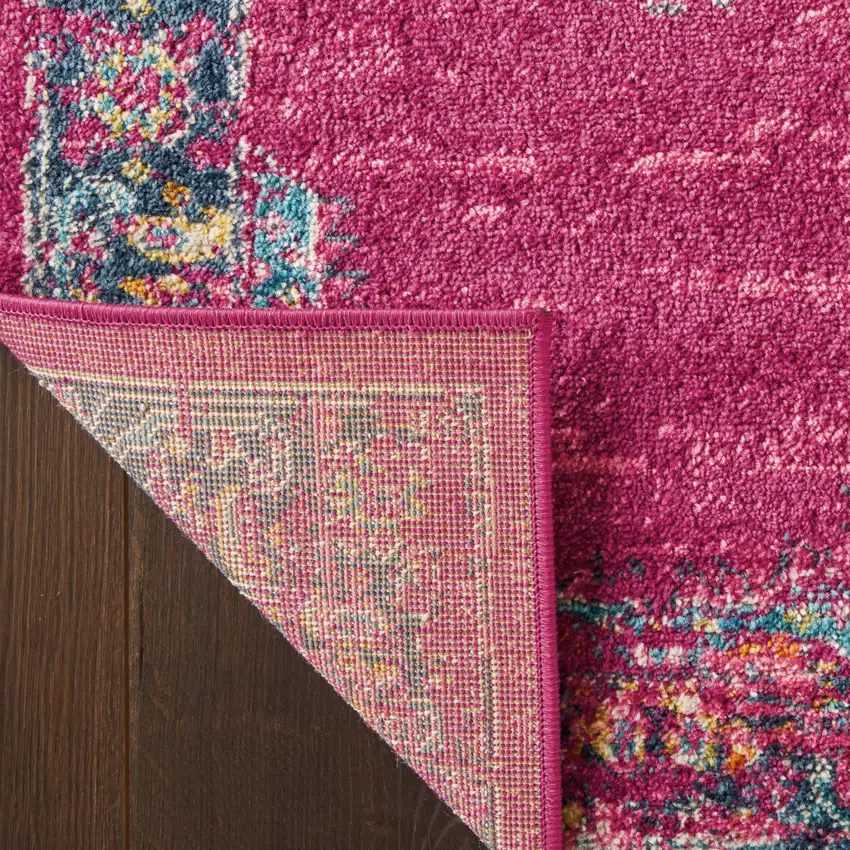 Fuchsia And Blue Oriental Distressed Area Rug Photo 9