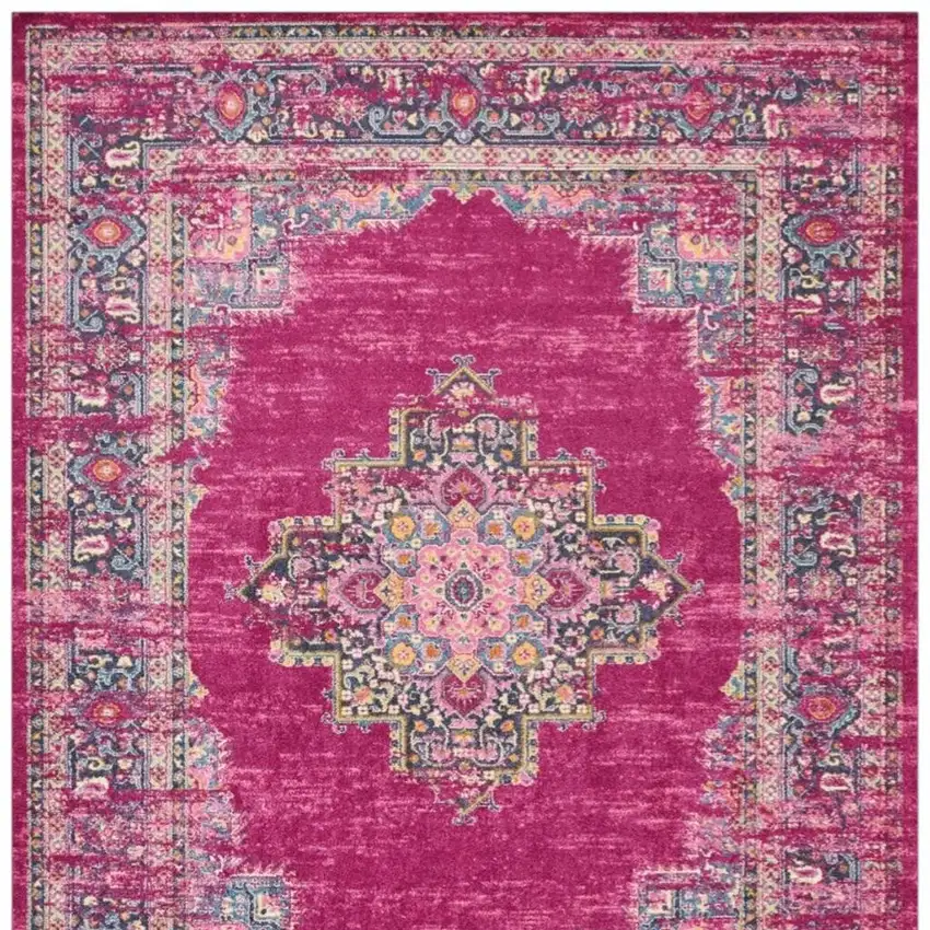 Fuchsia And Blue Oriental Distressed Area Rug Photo 1
