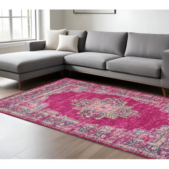 Fuchsia And Blue Oriental Distressed Area Rug Photo 2