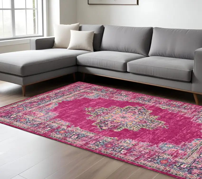Fuchsia And Blue Oriental Distressed Area Rug Photo 2