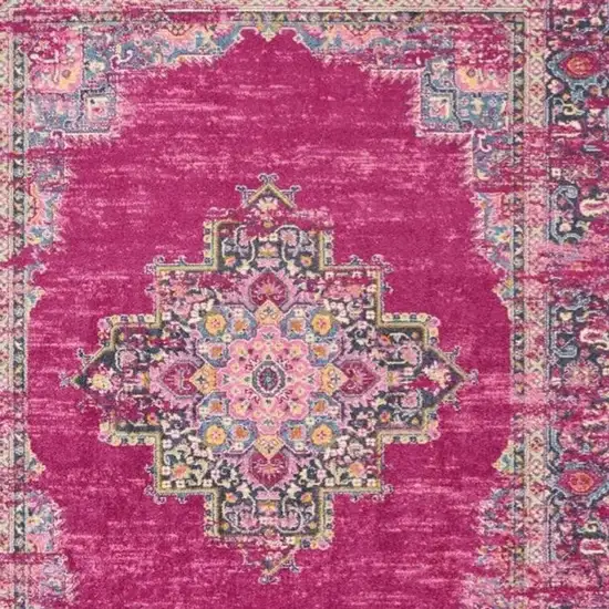 Fuchsia And Blue Oriental Distressed Area Rug Photo 3