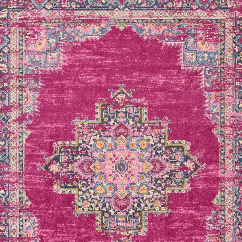Fuchsia And Blue Oriental Distressed Area Rug Photo 5