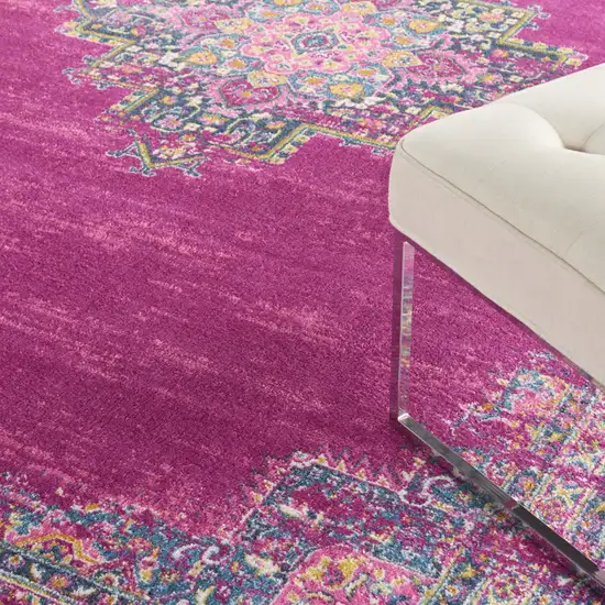 Fuchsia And Blue Oriental Distressed Area Rug Photo 5