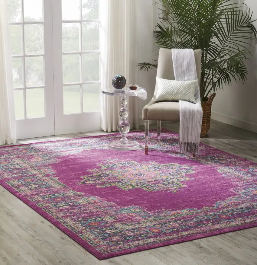 Fuchsia And Blue Oriental Distressed Area Rug Photo 8