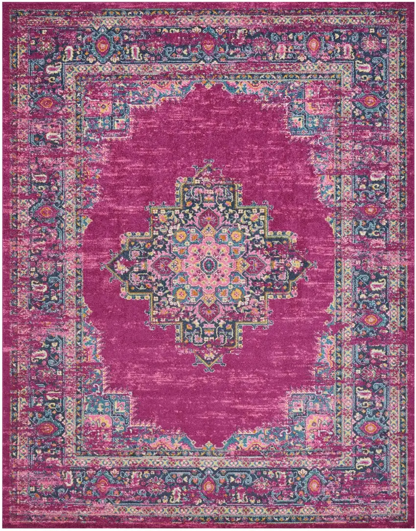 Fuchsia and Blue Distressed Area Rug Photo 1
