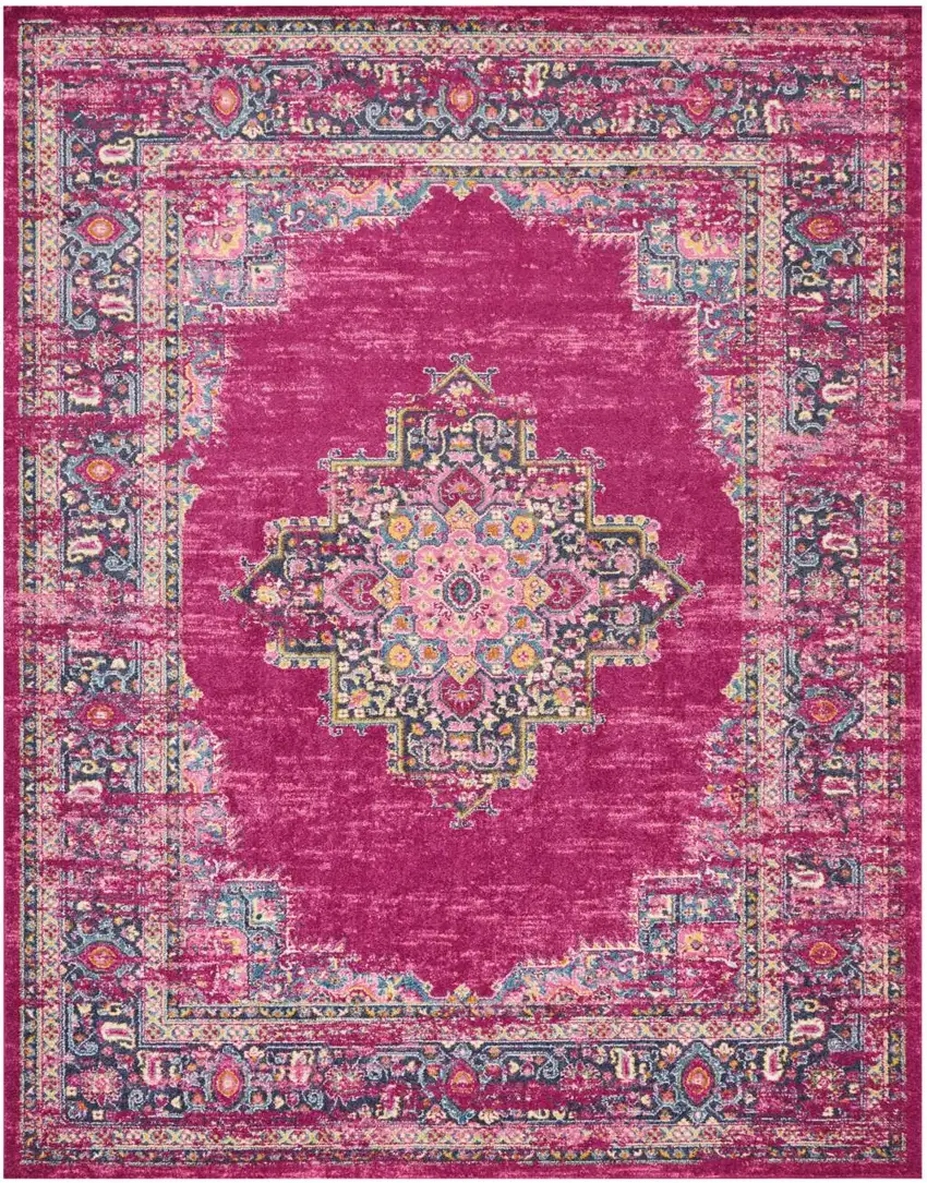 Fuchsia And Blue Oriental Distressed Area Rug Photo 8