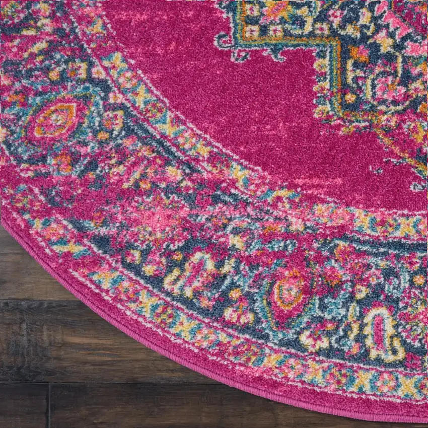8' Fuchsia And Blue Oriental Distressed Round Rug Photo 9