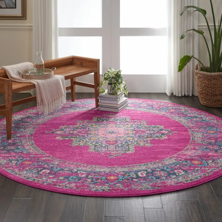 Fuchsia and Blue Distressed Area Rug Photo 5