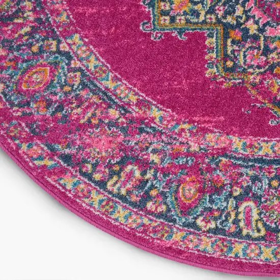 8' Fuchsia And Blue Oriental Distressed Round Rug Photo 9