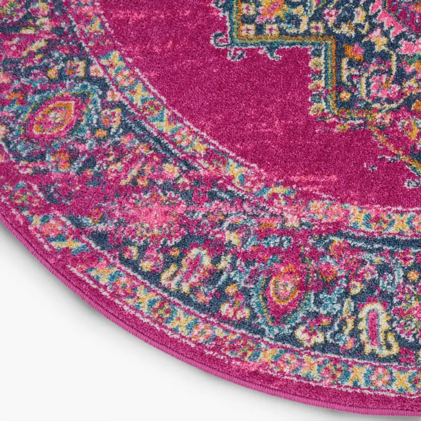8' Fuchsia And Blue Oriental Distressed Round Rug Photo 9