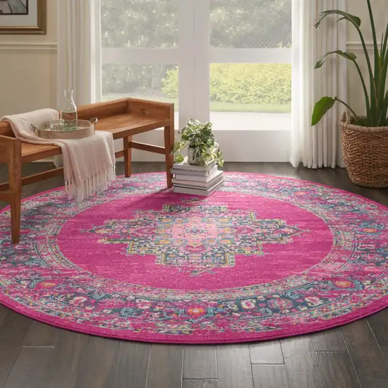 8' Fuchsia And Blue Oriental Distressed Round Rug Photo 4