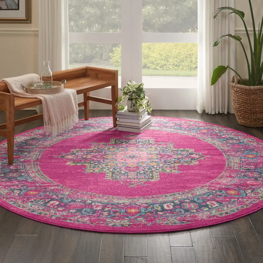 8' Fuchsia And Blue Oriental Distressed Round Rug Photo 4