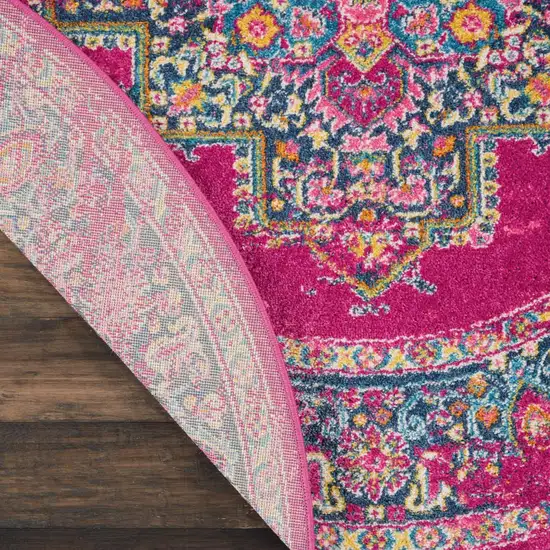 8' Fuchsia And Blue Oriental Distressed Round Rug Photo 8