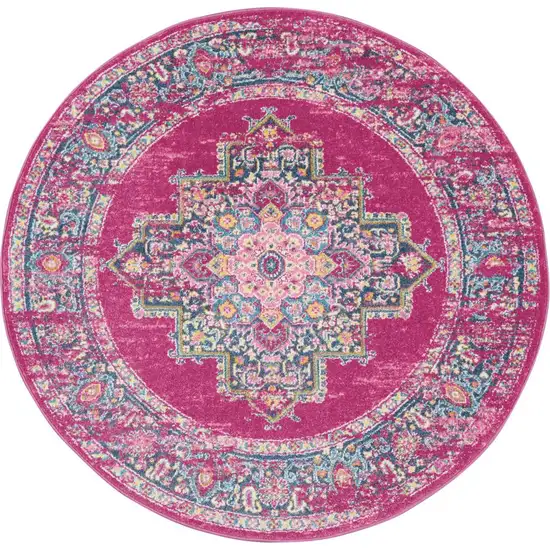 8' Fuchsia And Blue Oriental Distressed Round Rug Photo 7