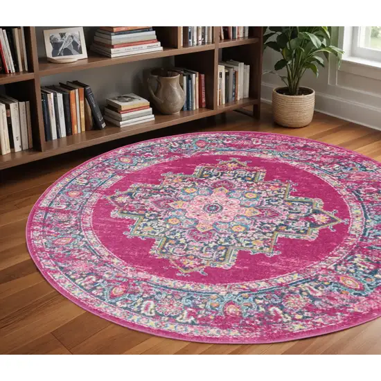 8' Fuchsia And Blue Oriental Distressed Round Rug Photo 1
