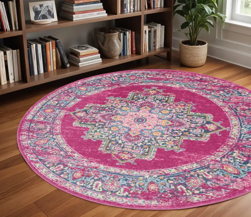 8' Fuchsia And Blue Oriental Distressed Round Rug Photo 1
