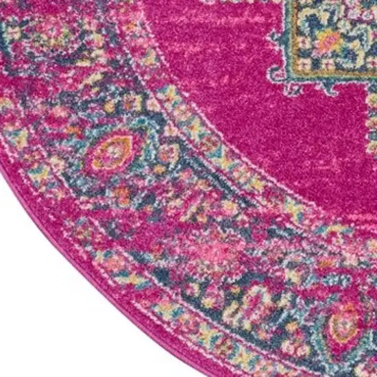 8' Fuchsia And Blue Oriental Distressed Round Rug Photo 3