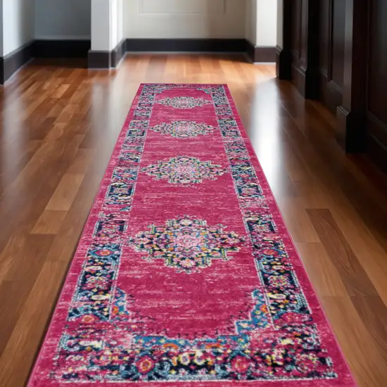 10' Fuchsia And Blue Oriental Distressed Runner Rug Photo 1