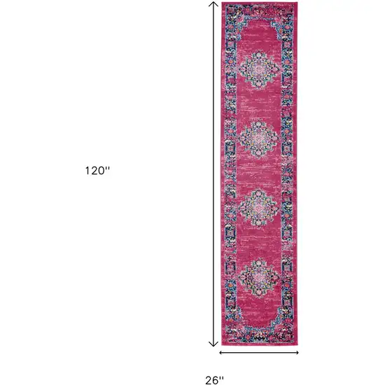 10' Fuchsia And Blue Oriental Distressed Runner Rug Photo 3