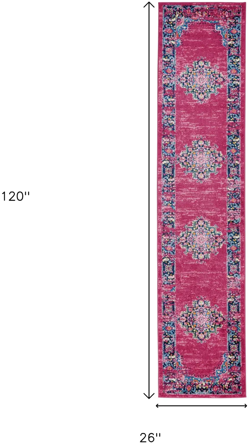 10' Fuchsia And Blue Oriental Distressed Runner Rug Photo 3