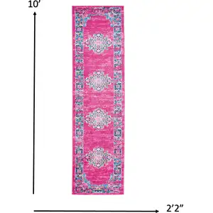 Photo of Fuchsia and Blue Distressed Runner Rug