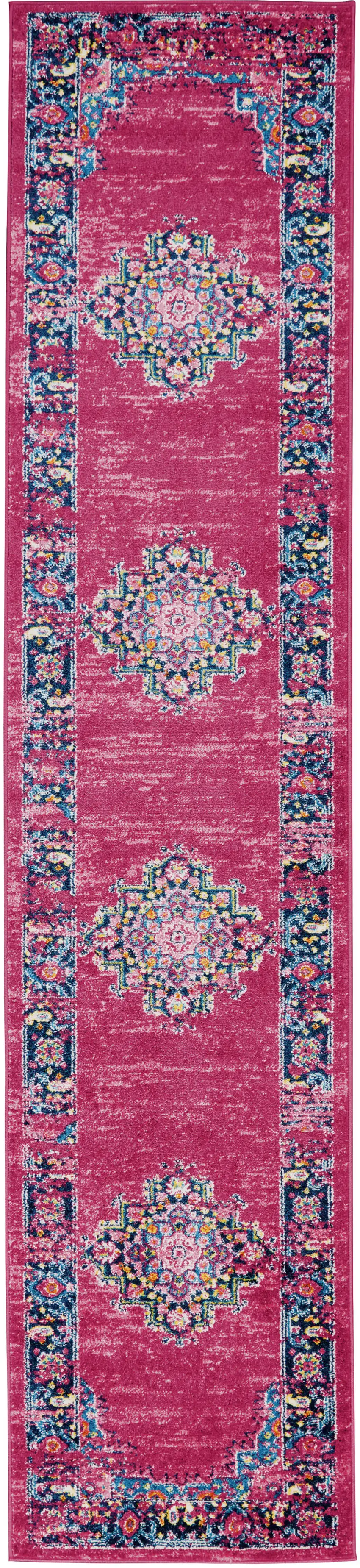 10' Fuchsia And Blue Oriental Distressed Runner Rug Photo 1