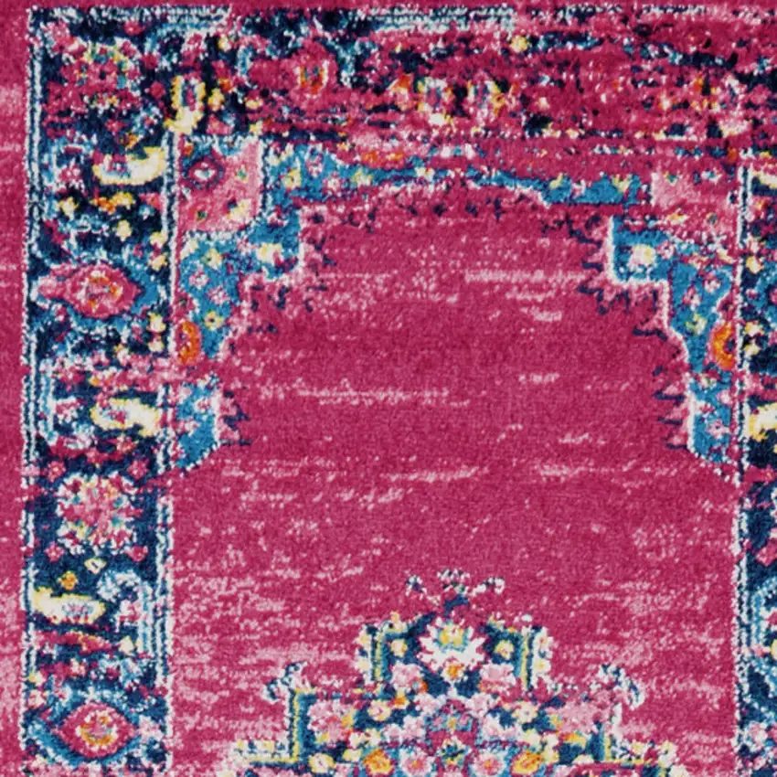 10' Fuchsia And Blue Oriental Distressed Runner Rug Photo 8