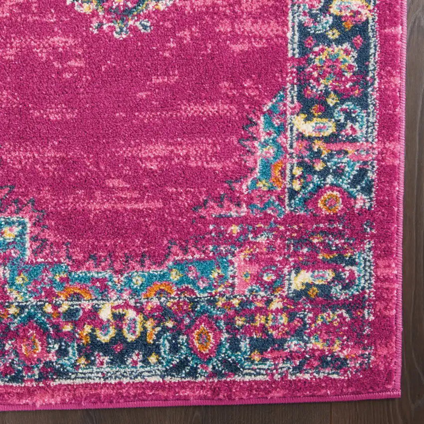 8' Fuchsia And Blue Oriental Distressed Runner Rug Photo 6