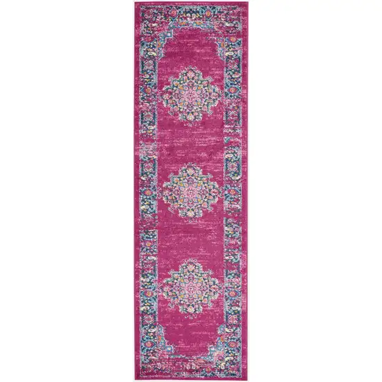 8' Fuchsia And Blue Oriental Distressed Runner Rug Photo 9