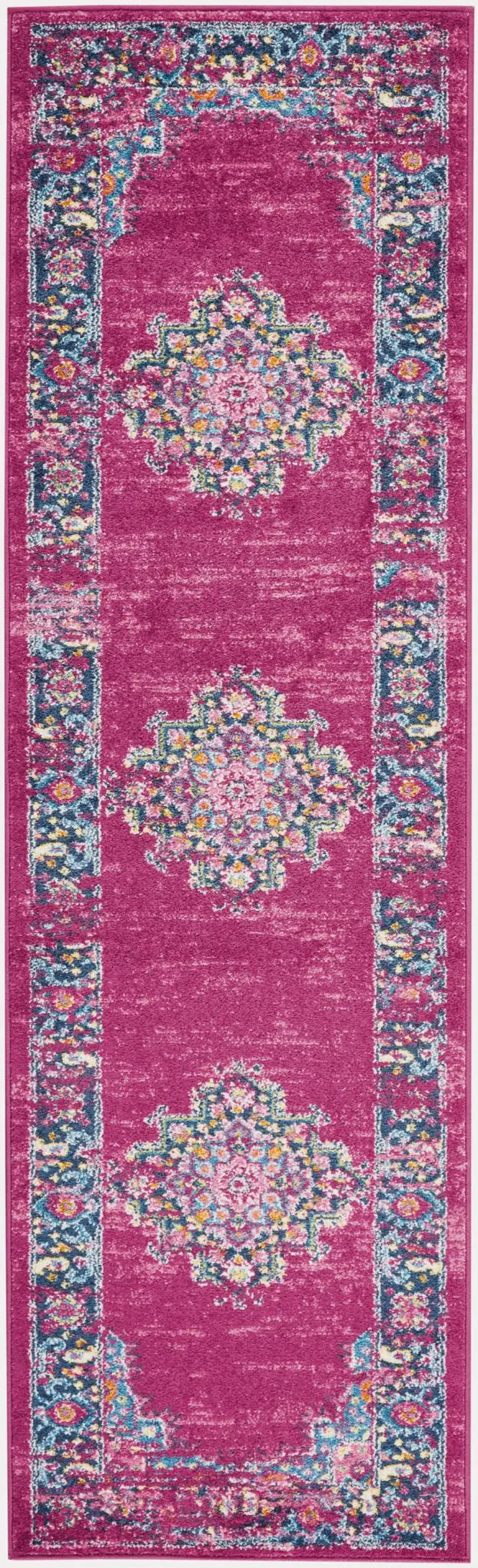 8' Fuchsia And Blue Oriental Distressed Runner Rug Photo 9