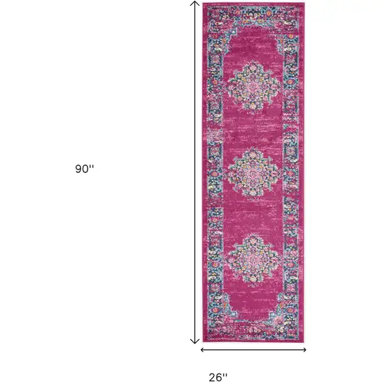 8' Fuchsia And Blue Oriental Distressed Runner Rug Photo 3