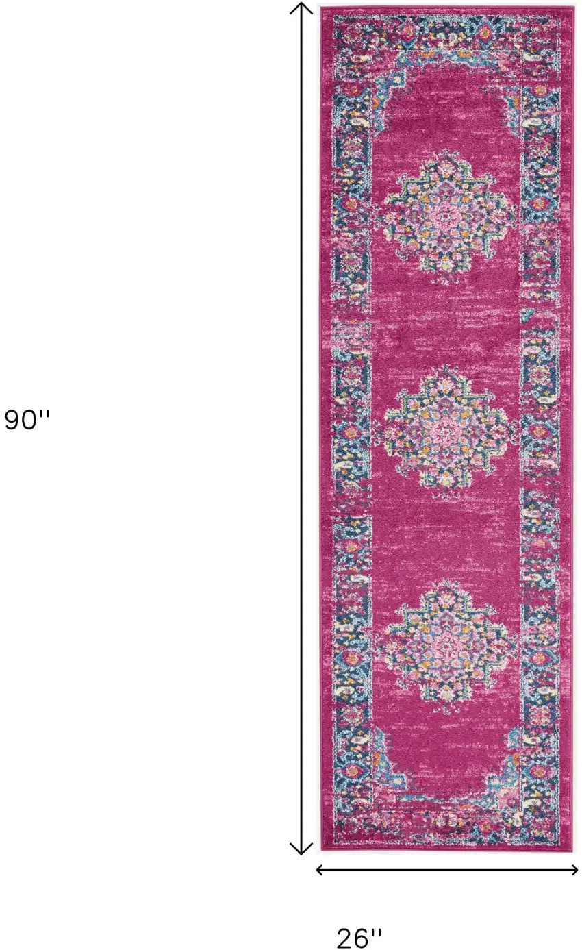 8' Fuchsia And Blue Oriental Distressed Runner Rug Photo 3