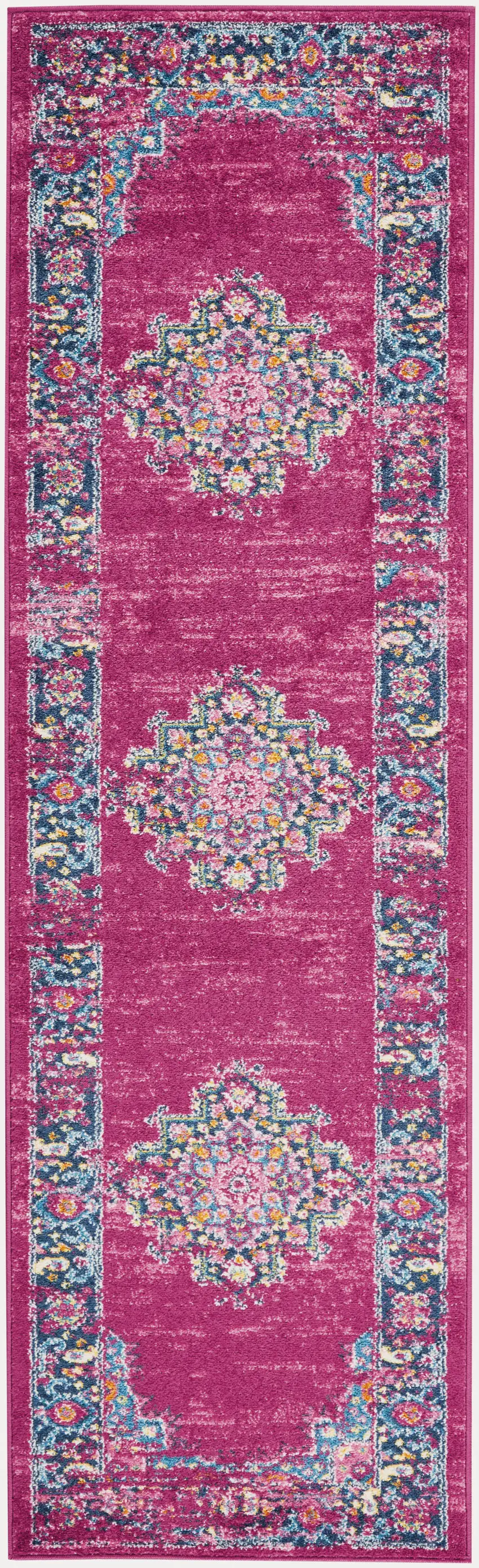 8' Fuchsia And Blue Oriental Distressed Runner Rug Photo 1