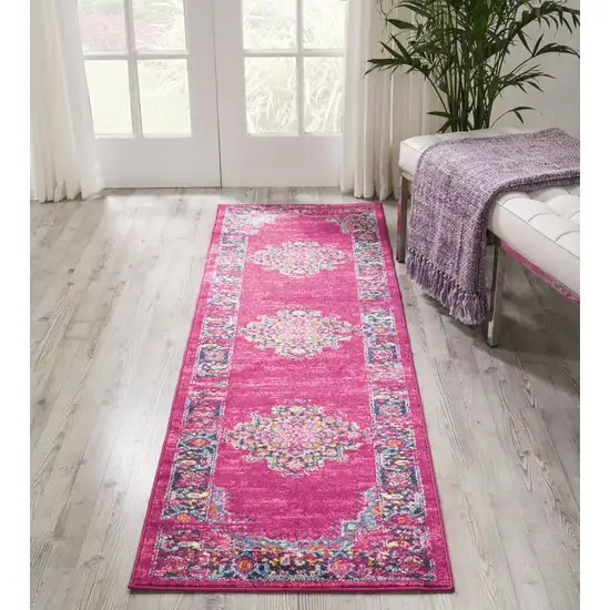 8' Fuchsia And Blue Oriental Distressed Runner Rug Photo 5